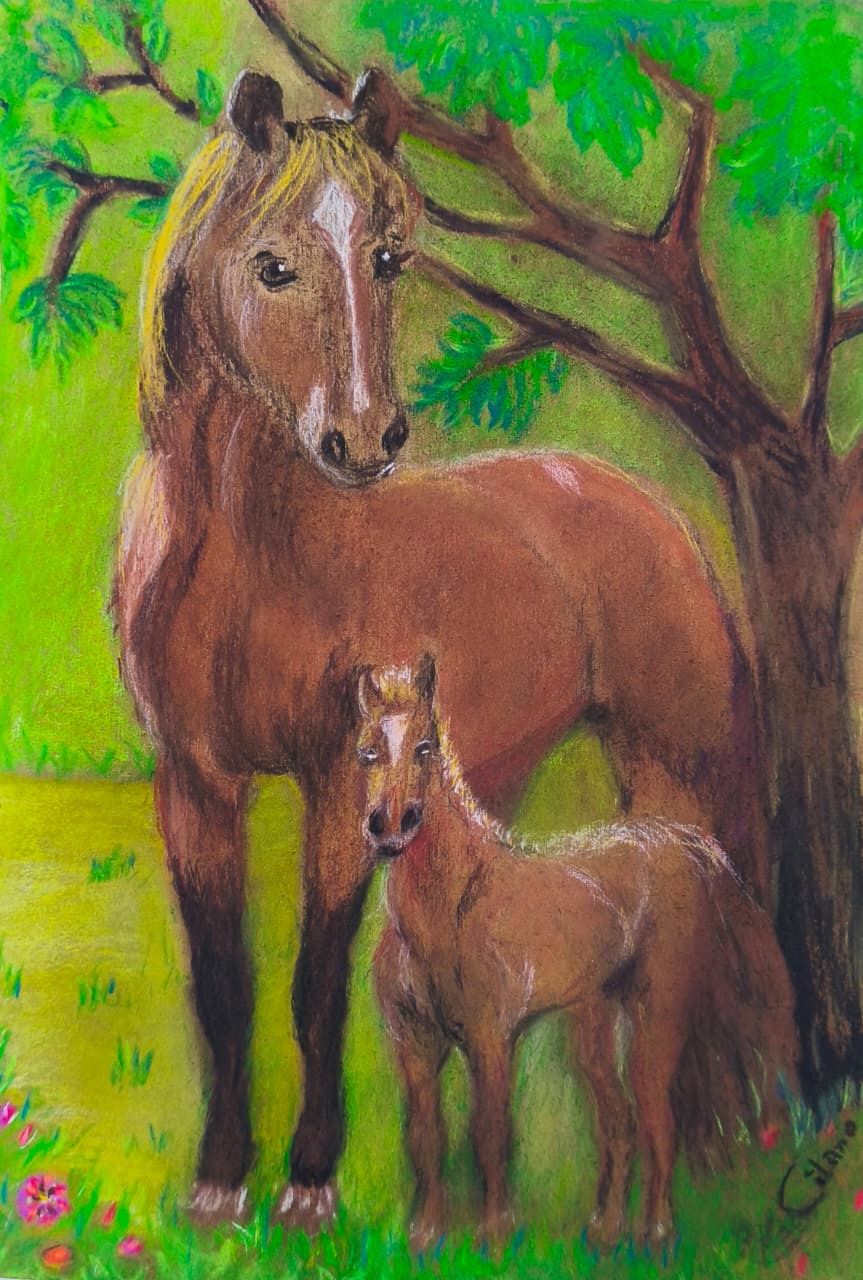 Valor por la vida serena por el prado, 43,5 X 33cm, tiza pastel sobre papel